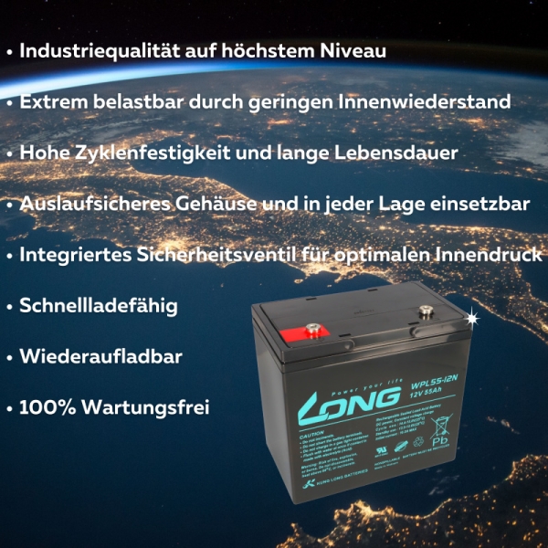 Kung Long Akku 12V 55Ah Pb Batterie Bleigel